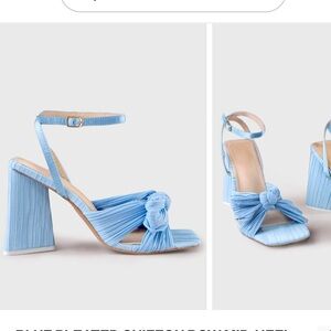 BLUE PLEATED CHIFFON BOW MID-HEEL SANDALS